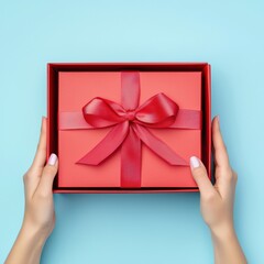Female hands opening empty red elegant luxury box with ribbon. Mockup present gift box on light blue background. Top view