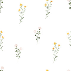 Watercolor seamless pattern with yellow wildflowers. Botanical floral pastel background. Delicate spring floral and herb illustration.