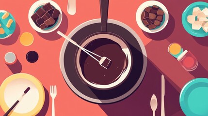 Obraz premium Chocolate fondue flat design top view party theme animation Split-complementary color scheme