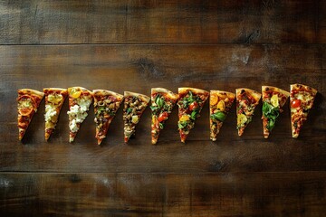 Fototapeta premium Sliced pizza arranged in a line on a wooden background.