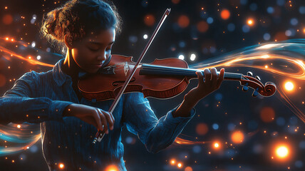 Fototapeta premium Illustration of a young musician playing a violin, surrounded by swirling, glowing musical notes and holographic sound waves
