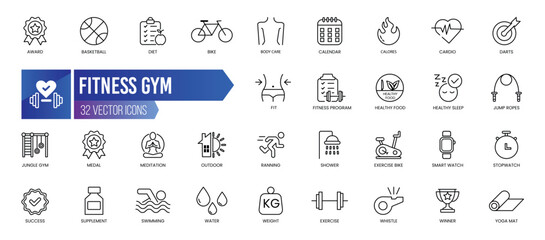 FITNESS - Outline Icon Collection. Thin Line Set contains such Icons as Award, Basketball, Bike, Body Care, Calendar, Calories and more. Simple web icons set.