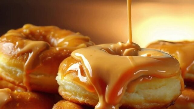 Caramel flows over donuts in slow motion, golden lighting highlighting glossy warm texture against the stack