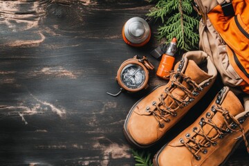 A rugged pair of khaki pants lying next to hiking boots and a backpack, suggesting an adventurous journey