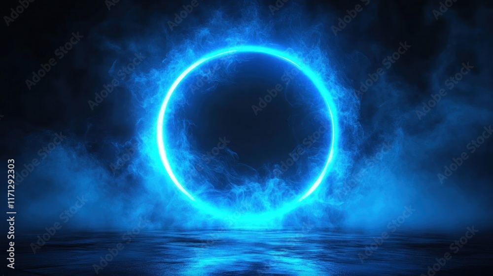 Aufkleber a glowing blue circular portal surrounded by mist in a dark environment.