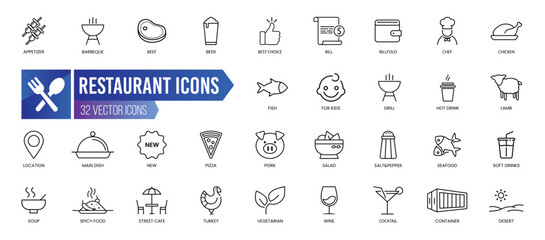 RESTAURANT - Outline Icon Collection. Thin Line Set contains such Icons as Appetizer, Barbeque, Beef, Beer, Best Choice, Bill and more. Simple web icons set.
