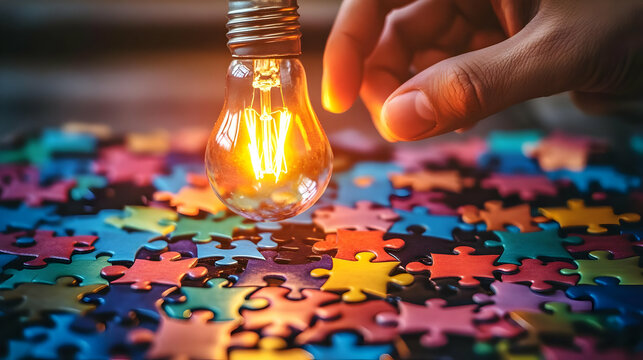 Hand holding glowing lightbulb above colorful puzzle pieces; idea, solution, innovation concept; website, presentation