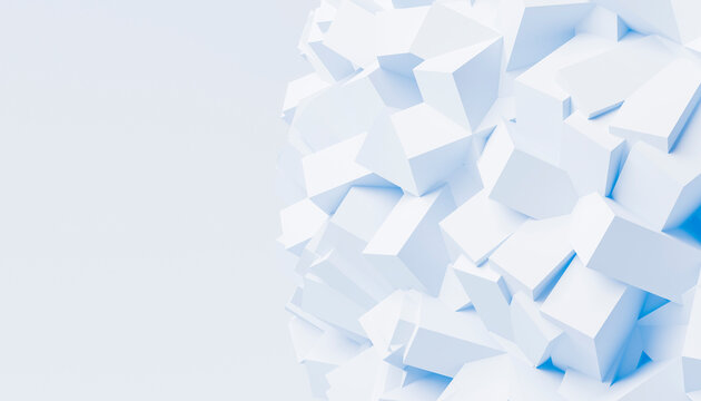 Abstract 3D render of geometric white cubes on blue background