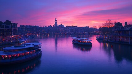 Naklejka premium Scenic twilight cityscape with boats on canal.