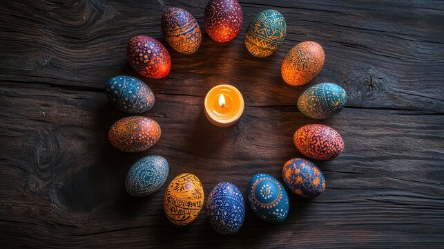 easter egg in a circle and in the middle you can see a candle, easter eggs with beautiful colored patterns