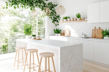 A simple illustration of a kitchen island with stools, rendered in neutral tones on a white background
