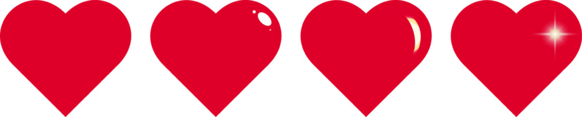 Collection of red flat and 3D heart icons. 4 hearts. Web collection. Vector illustration.