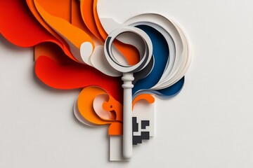 A simple, colorful 2D drawing of an ornate key with swirling patterns on its handle, set against a plain white backdrop