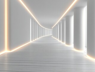 White curved corridor with glowing lines and columns.