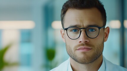 Fototapeta premium Thoughtful young professional in glasses in modern office setting