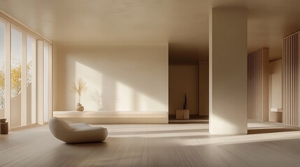 Minimalist beige living room with large windows, sunlight streaming in, and a comfortable chair.