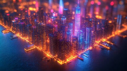 Naklejka premium Vibrant futuristic city at night, illuminated skyscrapers, waterfront view.