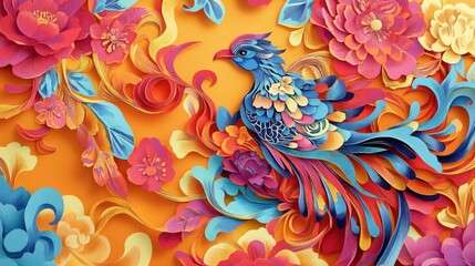 Obraz premium Vibrant paper art phoenix amidst colorful flowers on orange background.