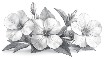 Monochrome sketch of blooming flowers with leaves.
