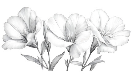 Monochrome illustration of three delicate flowers with stems and leaves.