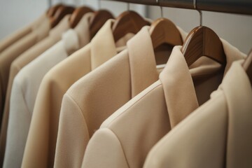 Fototapeta premium Pastel warm knitted clothes sweater hanging in the closet. Cozy autumn, winter wardrobe. Rack filled with various cardigans. Fashion or lifestyle. Row of beige wool jersey on clothing rail in a Store