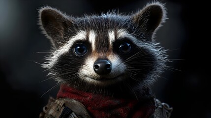 A cute raccoon with bright eyes, wearing a red scarf, smiling and looking directly at the viewer.