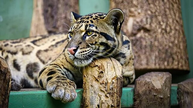 Clouded leopard resting its head on a log