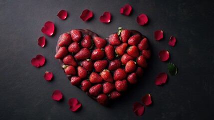 Chocolate-covered strawberries arranged in a heart shape with scattered miniature rose petals