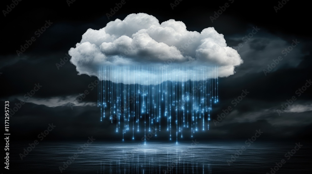 Fototapete Glowing binary code descends from an abstract cloud against a dark blue backdrop, illustrating the concept of digital information transfer