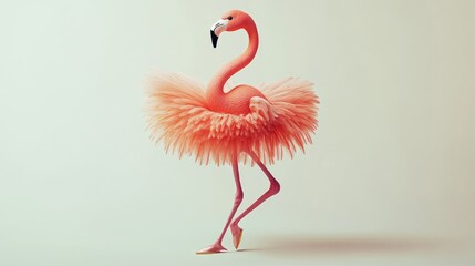 Fototapeta premium Pink flamingo wearing a fluffy tutu, posed elegantly against a muted background.