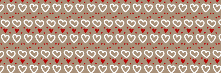 Red hearts on beige background seamless pattern. Sweet love. Valentine's day cute backdrop texture, wallpaper. Romantic wedding. Mother's day.