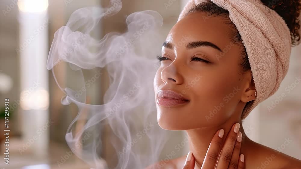 Poster this person enjoys soothing steam while practicing self care in a spa like atmosphere.
