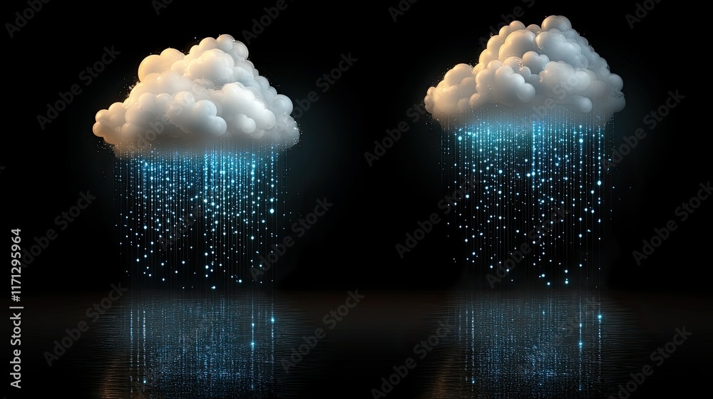 Fototapete Glowing binary code descends from an abstract cloud against a dark blue backdrop, illustrating the concept of digital information transfer
