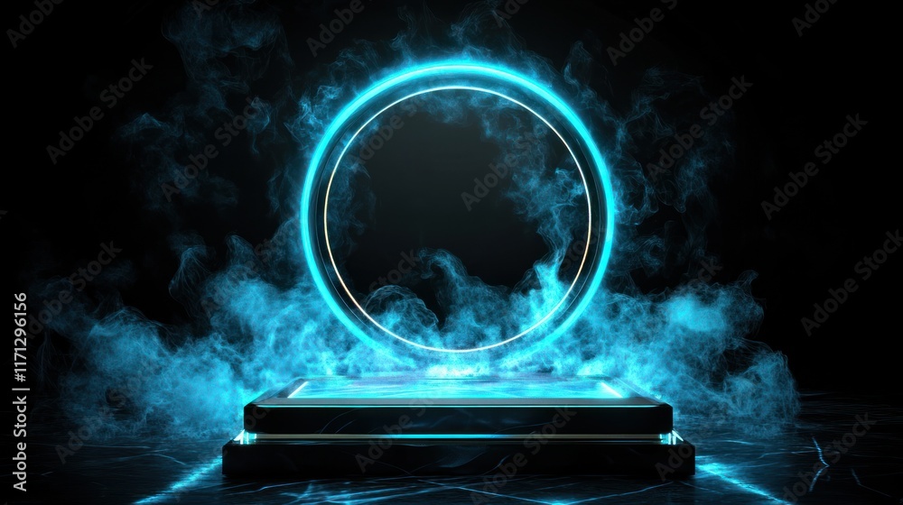 Aufkleber a glowing circular portal surrounded by mist on a sleek platform.