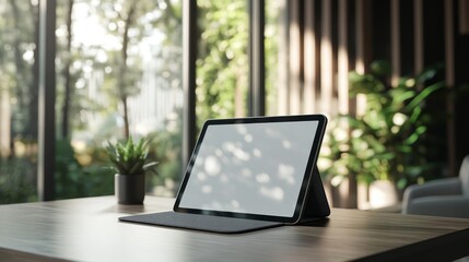 A tablet on a desk in a bright, green environment, suggesting productivity and creativity.