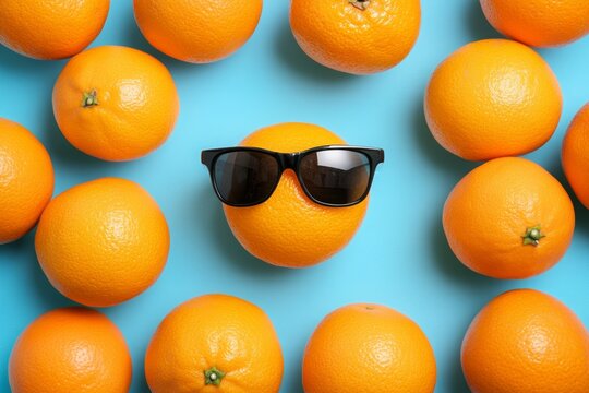 Summer concept with oranges and sunglasses on pastel blue background. Ai generative art
