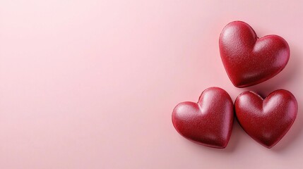 Mockup blank greeting card for valentines day. Composition with red hearts for Valentine's Day on a pale pink background. Flat lay. Love and relationships concept.