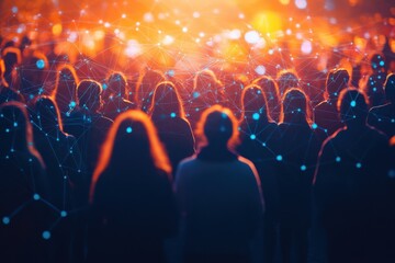 Obraz premium Diverse Professionals Networking at Technology Conference Urban Setting Digital Art Evening Atmosphere Perspective of Crowd Inclusion and Innovation