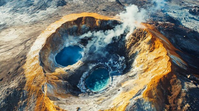 Aerial view of a volcanic region with geothermal activity, showcasing colorful mineral deposits and steaming fumaroles