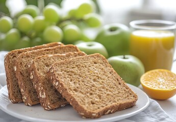 Freshly Sliced Whole Grain Bread with Green Apples, Grapes, and Orange Half on White Plate Surrounded by Bright Natural Light in Gourmet Style