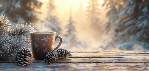A steaming cup of cocoa on a rustic wooden table, surrounded by frost-kissed pinecones and snow-dusted fir branches, with a misty winter forest in the background.