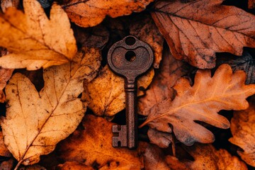 An old, rusted key lying among fallen leaves in a forest, evoking a sense of mystery and discovery