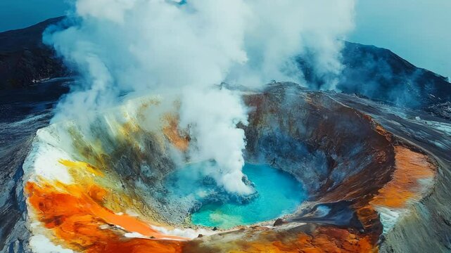 Aerial view of a volcanic region with geothermal activity, showcasing colorful mineral deposits and steaming fumaroles