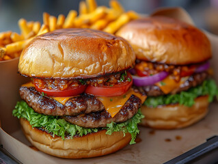 Two juicy beef burgers with cheese, lettuce, tomato, onion, and fries.