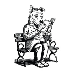 Hand Drawn illustration Dog reading a Book on a park bench. Dog grunge T-shirt illustration 