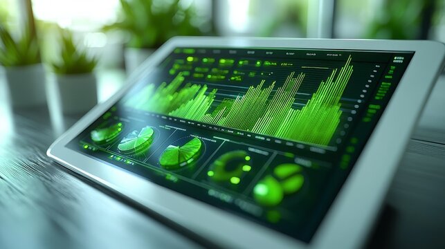 Green data graphs and charts displayed on a tablet screen.