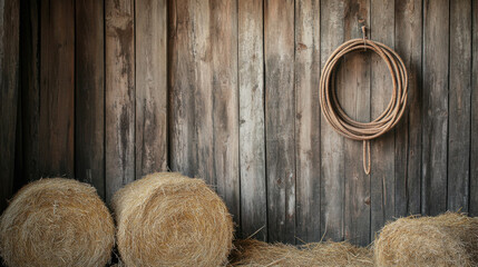 Rustic Wooden Barn Interior Featuring Straw Bales and Lasso Hanging on Wall, Perfect for Western or Farm-Themed Decor and Illustrations