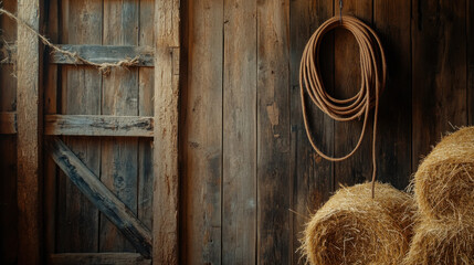 Rustic Barn Interior with Wooden Wall, Coiled Rope, and Hay Bales Perfect for Western, Country, or Farm-themed Projects and Illustrations