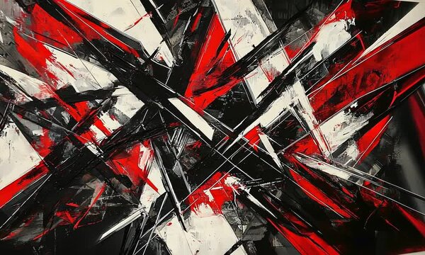 Abstract artwork featuring dynamic strokes of red, black, and white, conveying energy and emotion.