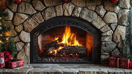 Christmas fireplace with roaring fire, gifts, decorations.